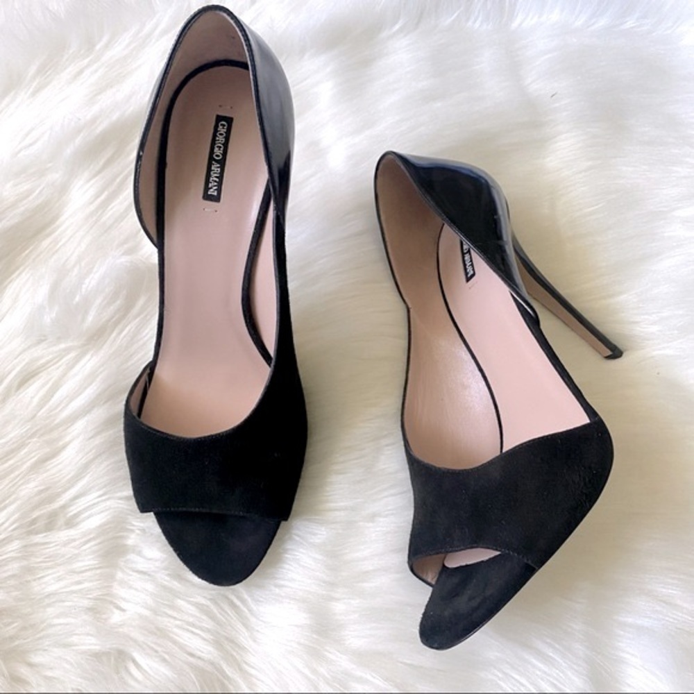 Giorgio Armani Suede Asymmetrical Peep Toe Pumps
